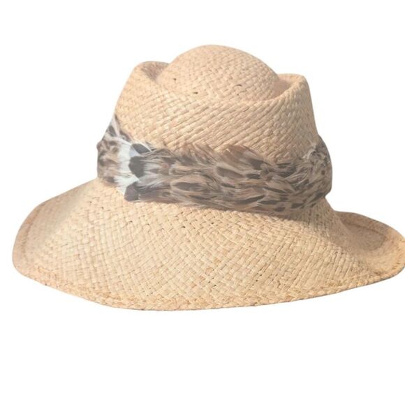Vintage Woven Straw Bucket Hat Pheasant Feather Band Boho Mid Century Sun Hat
